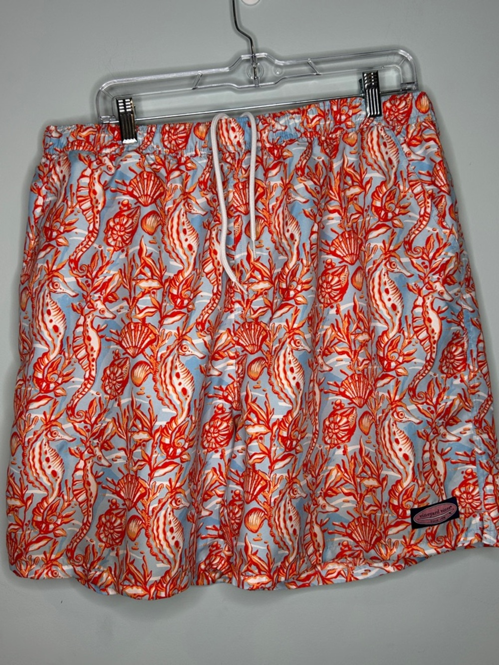 Vineyard Vines Men's Light‎ Blue Swim Suit with Orange Seashell Seahorse Print